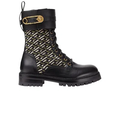 Pre-owned Versace Wmns Safety Pin La Greca Leather Boot 'black' | Women's Size 37