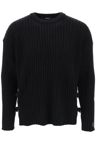 VERSACE VERSATILE BLACK RIBBED-KNIT MEN'S SWEATER WITH LEATHER STRAPS