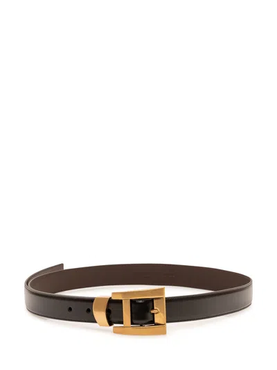 Versace Versatile Leather Belt With Sculptural Buckle In Black-gold82