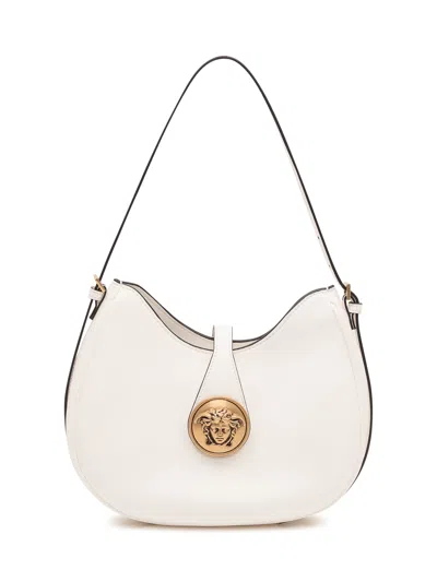 Versace Versatile Mini Hobo Shoulder Bag In Lamb Leather In White/gold