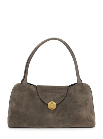 Versace Versatile Suede Shoulder Handbag With Clasp Closure And Medusa Plaque, Gold-tone Hardware, 4 In Brown