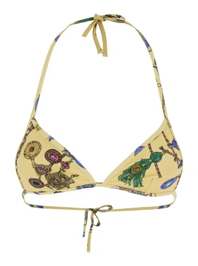 Versace Versatile Triangle Bikini Top With All-over Jewelry Print In Stretch Tech Fabric In Yellow