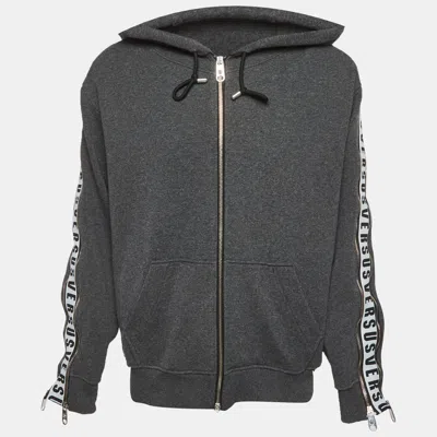 Versace Versus  Grey Cotton Knit Logo Tape Zip Detail Hooded Jacket In Gray