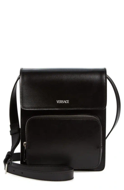 Versace Vertical Leather Messenger Bag In Black-palladium
