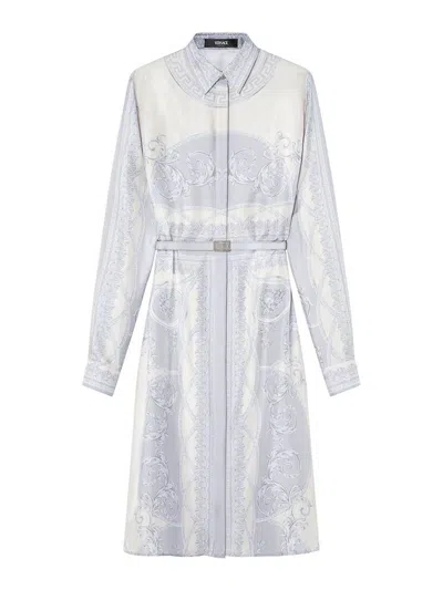 Versace Printed Silk Shirt Dress In Blue