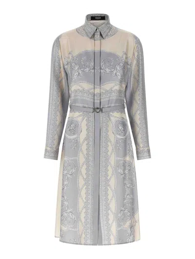 Versace Printed Silk Shirt Dress In Blue