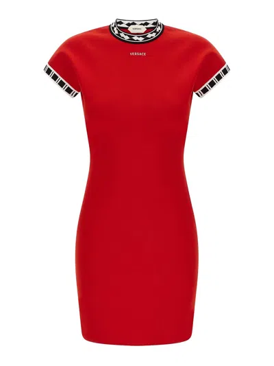 Versace Geometric Jacquard Trim Dress In Red