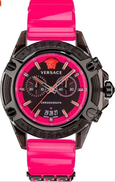 Pre-owned Versace Vez700221 Icon Active Chronograph Black Pink Silicone Men's Watch