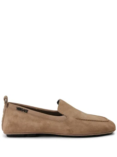 Versace Logo-plaque Leather Loafers In Neutrals