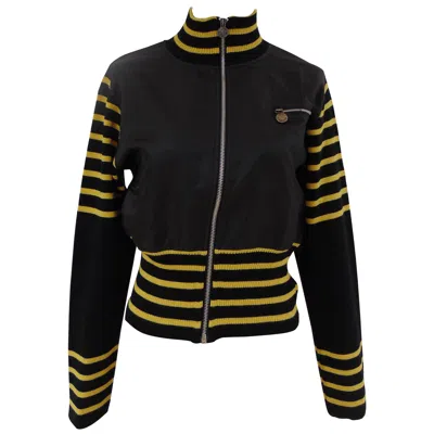Pre-owned Versace Vintage 1980s Black Yellow Wool Acrylic Unisex Jacket, Size Xl