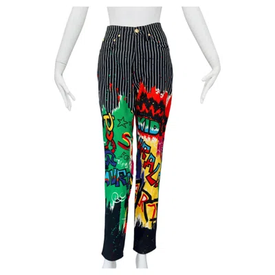 Pre-owned Versace Vintage 1990s  Jeans Couture Pop Art Graffiti Stripe Jean Trouser Pants In Black