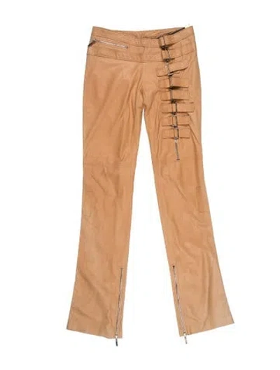 Pre-owned Versace Vintage 2003 Flared Leather Buckle Pants In Neutrals