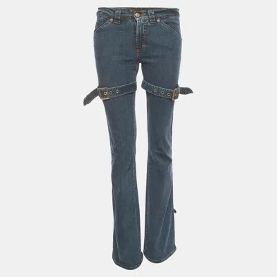 Pre-owned Versace Vintage Blue Thigh Strap Denim Flared Jeans M/waist 30"