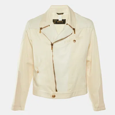 Versace Vintage Cream Leather & Cotton Zip Up Jacket In Neutral
