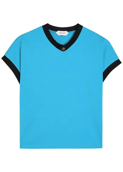 Versace Vintage Cropped Stretch-cotton T-shirt In Blue