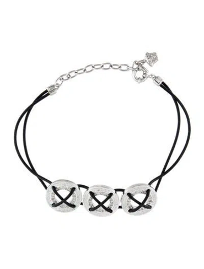 Pre-owned Versace Vintage Crystal & Leather Cord Greca Choker, 13.5" In Multi