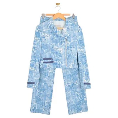 Pre-owned Versace Vintage Early 2000s Denim Print Jacket & Trousers Set, Medium In Blue
