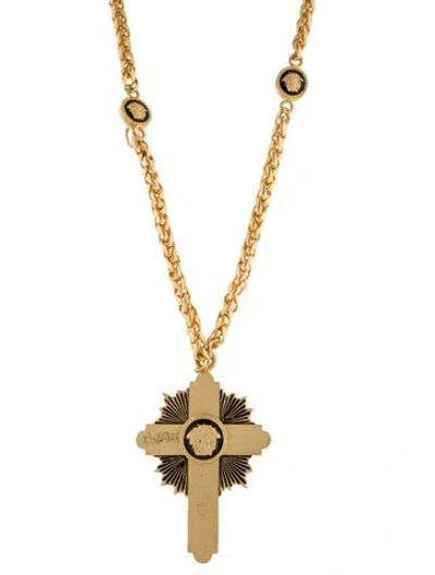 Pre-owned Versace Vintage Enamel Medusa Cross Pendant Necklace, 34" In Multi
