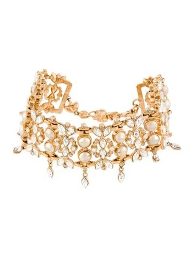 Pre-owned Versace Vintage Faux Pearl & Crystal Choker Necklace, 15.75" In White