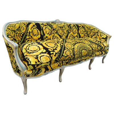 Pre-owned Versace Vintage French Country Carved Curved Wood Sofa With Custom  Velvet Fabric In Brown