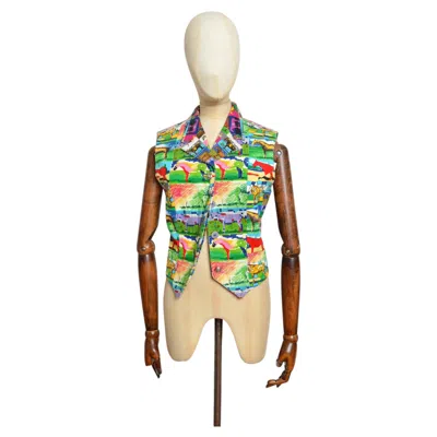 Pre-owned Versace Vintage Gianni  1990's Colorful Pop Art Corduroy Waistcoat - Top In Beige