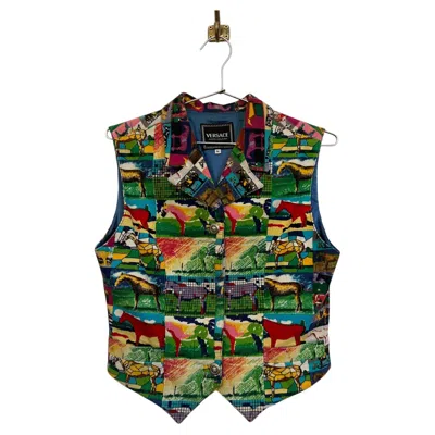 Pre-owned Versace Vintage Gianni  1990's Colorful Pop Art Corduroy Waistcoat - Top In Black