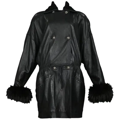 Pre-owned Versace Vintage Gianni  Black Leather Parka Coat With Fur Cuffs & Collar