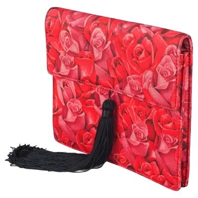 Pre-owned Versace Vintage Gianni  Couture Rose Print Silk Tassel Clutch Bag In Red