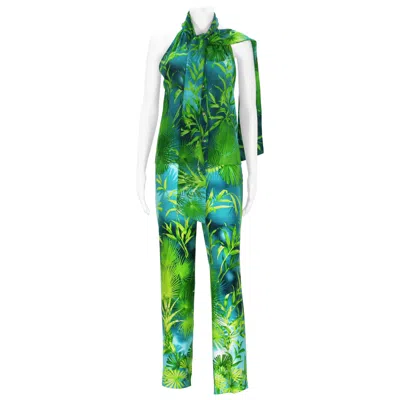 Pre-owned Versace Vintage Gianni  Couture Runway S/s 2000 Jungle Print Silk Pant Suit It 44 In Green