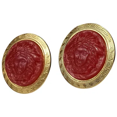 Pre-owned Versace Vintage Gianni  Red Medusa Greek Keys Medallion Disc Earrings