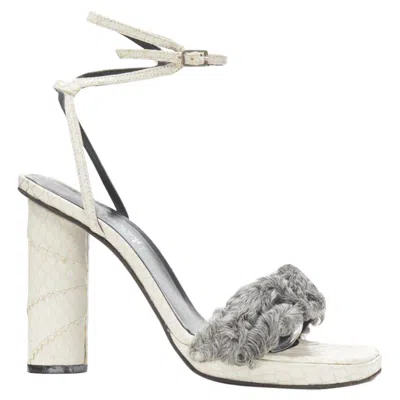 Pre-owned Versace Vintage Gianni  White Grey Shearling Ankle Strap Cone Heel Sandal Eu36