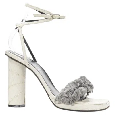 Pre-owned Versace Vintage Gianni  White Grey Shearling Ankle Strap Cone Heel Sandal Eu36