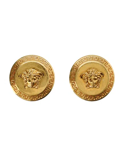 VERSACE VINTAGE GOLD MEDUSA STUD EARRINGS WITH GREEK KEY DETAILS FOR WOMEN