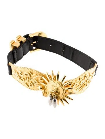 Pre-owned Versace Vintage Leather Buckle Choker Necklace, 16" In Black