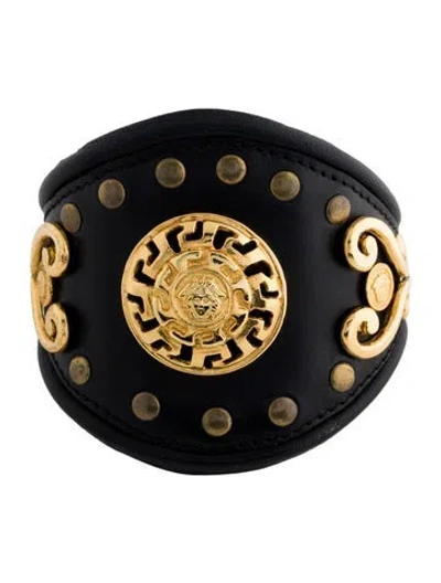 Pre-owned Versace Vintage Leather Medusa Shield Bracelet In Black
