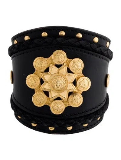 Pre-owned Versace Vintage Leather Medusa Shield Bracelet In Black