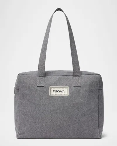 Versace Vintage Logo-patch Diaper Bag In Grey Palladium