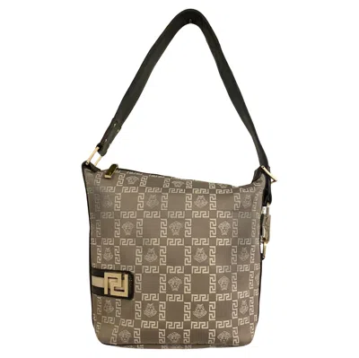 Pre-owned Versace Vintage Medusa Jacquard Leather Greca Hobo Bag, Early 2000s In Gray
