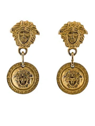 Pre-owned Versace Vintage Medusa Logo Drop Clip- On Earrings In Multi