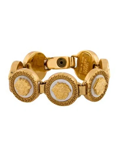 Pre-owned Versace Vintage Mother Of Pearl Medusa Link Bracelet, 6.25" In White