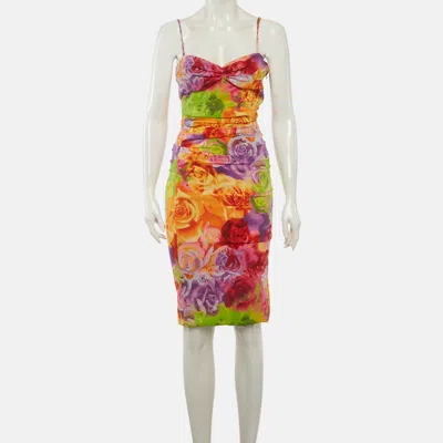 Pre-owned Versace Vintage Multicolor Floral Print Silk Ruched Dress M