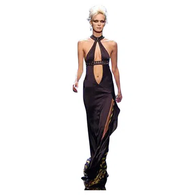 Pre-owned Versace Vintage Runway Bondage Gown Plunging Neckline Thigh High Slit Wow! In Black