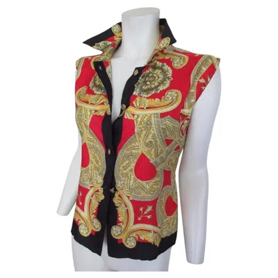 Pre-owned Versace Vintage Sleeveless Baroque Blouse With Gold Medusa Buttons In Brown