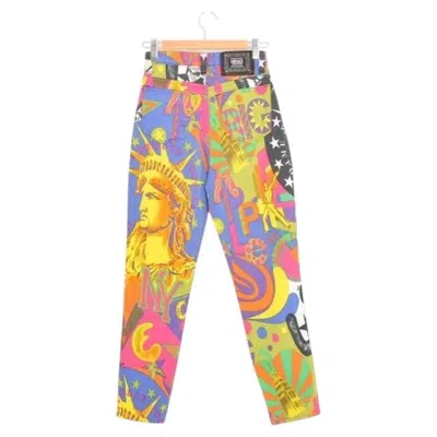 Pre-owned Versace Vintage  1990's Stretchy Denim High Waisted Colourful Nyc Jeans Xs In Gray