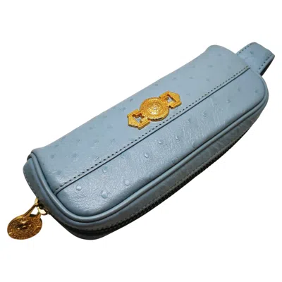 Pre-owned Versace Vintage  Blue Leathet Ostrich Small Make Up Pouch Bag Black