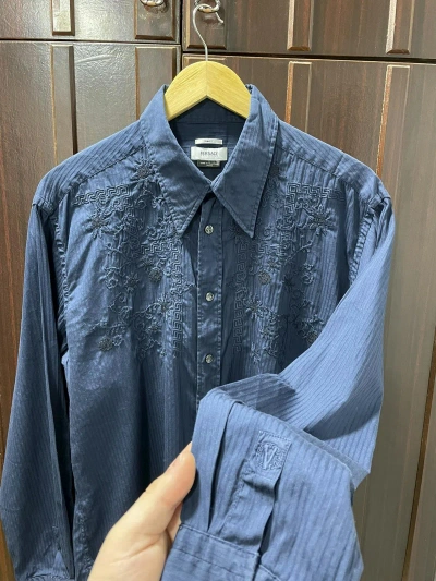 Pre-owned Versace Vintage  Collection Embossed Logo Luxury Shirt In Navy