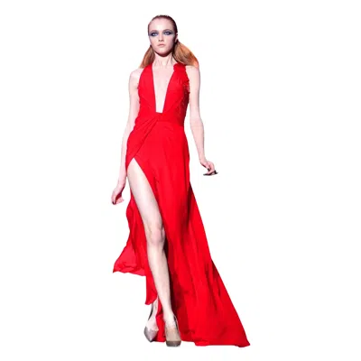 Pre-owned Versace Vintage  Embellished Red Silk Gown Dress Size 42