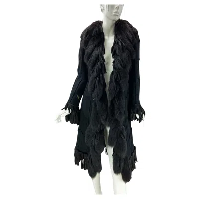 Pre-owned Versace Vintage  F/w 2003 Black Angora Wool Fox Cut Out Coat Italian 38
