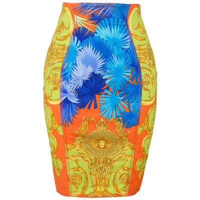 Pre-owned Versace Vintage  Multicolor Palm & Baroque Print Pencil Skirt 1990s In Orange