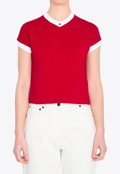 Versace Cotton V Neck Top Short Sleeves Buttons In Multi